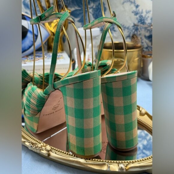 🆕 LOEFFLER RANDALL 🧿 NWOB Natalia Pleated Bow Platform Sandal, Plaid Green Sz7 - Picture 15 of 16